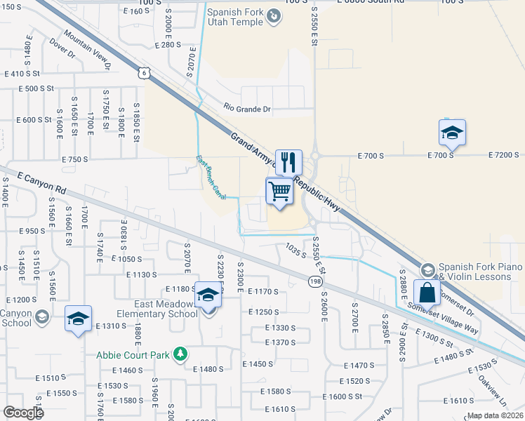 map of restaurants, bars, coffee shops, grocery stores, and more near 2342 East 830 South in Spanish Fork