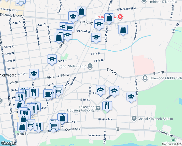 map of restaurants, bars, coffee shops, grocery stores, and more near 146 East 7th Street in Lakewood Township
