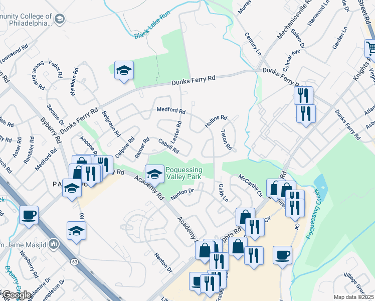 map of restaurants, bars, coffee shops, grocery stores, and more near 12831 Elnora Road in Philadelphia
