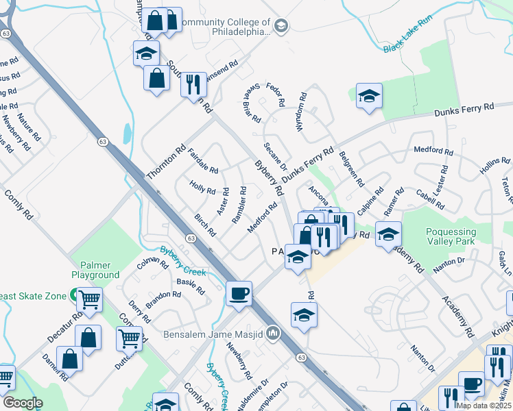 map of restaurants, bars, coffee shops, grocery stores, and more near 3234 Morning Glory Road in Philadelphia