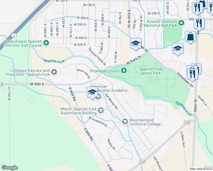 map of restaurants, bars, coffee shops, grocery stores, and more near 1701 Del Monte Road in Spanish Fork