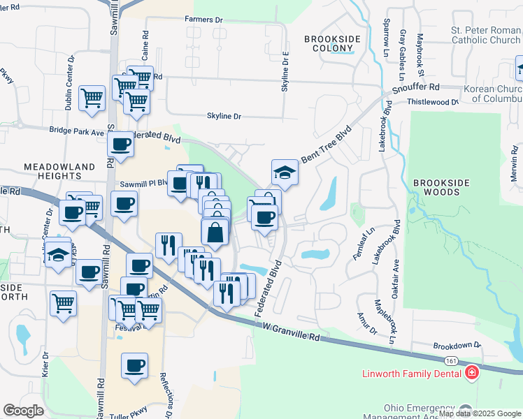map of restaurants, bars, coffee shops, grocery stores, and more near 6960 Bent Tree Boulevard in Columbus