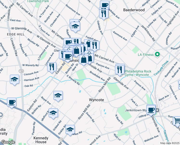 map of restaurants, bars, coffee shops, grocery stores, and more near 220 Brookdale Avenue in Glenside
