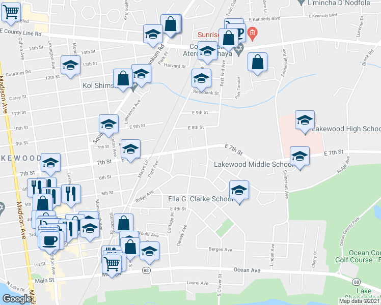 map of restaurants, bars, coffee shops, grocery stores, and more near 146 East 7th Street in Lakewood Township