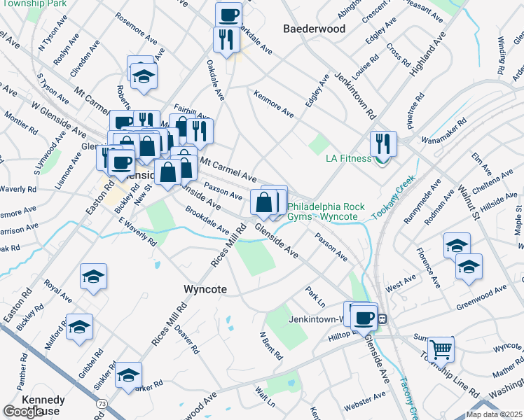 map of restaurants, bars, coffee shops, grocery stores, and more near 424 Paxson Avenue in Glenside