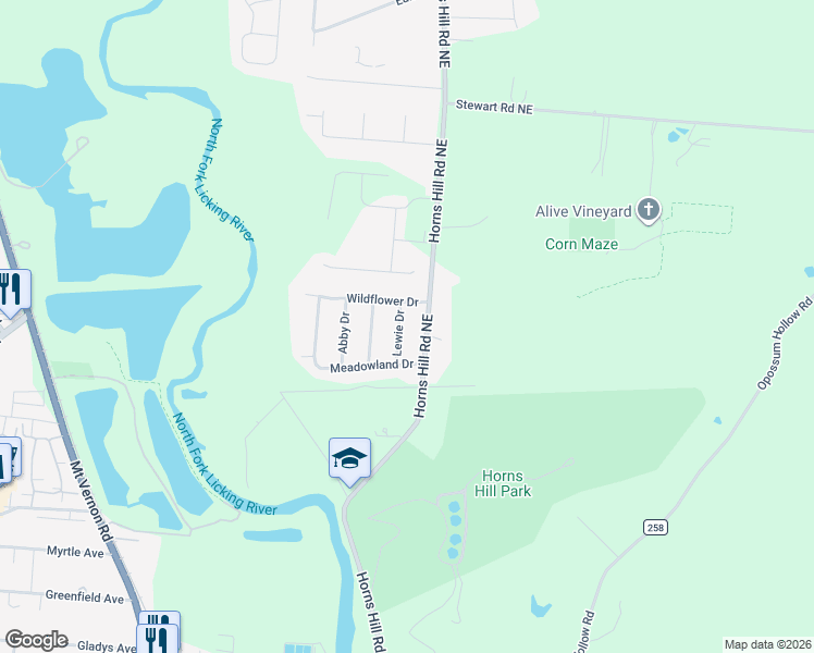 map of restaurants, bars, coffee shops, grocery stores, and more near 1655 Horns Hill Road Northeast in Newark