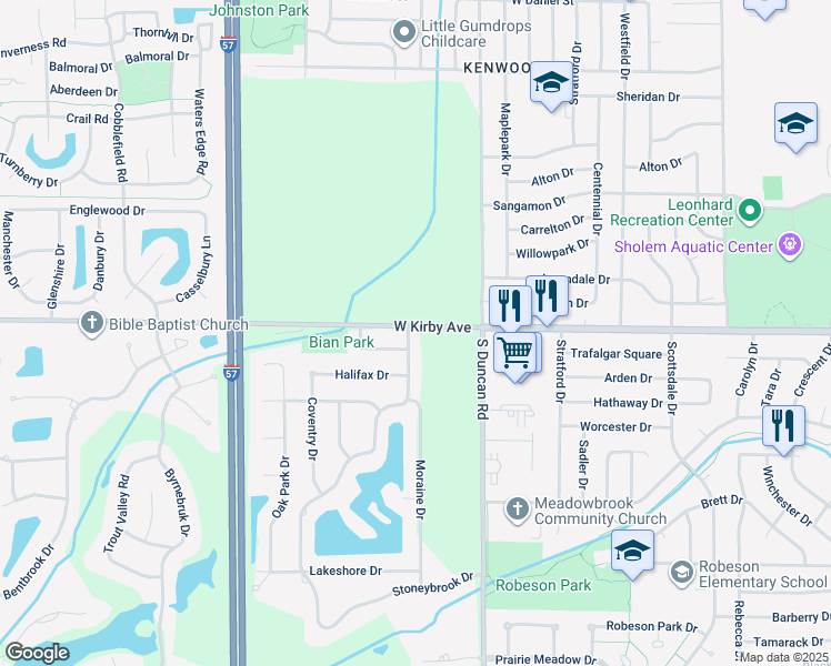 map of restaurants, bars, coffee shops, grocery stores, and more near 3119 West Kirby Avenue in Champaign