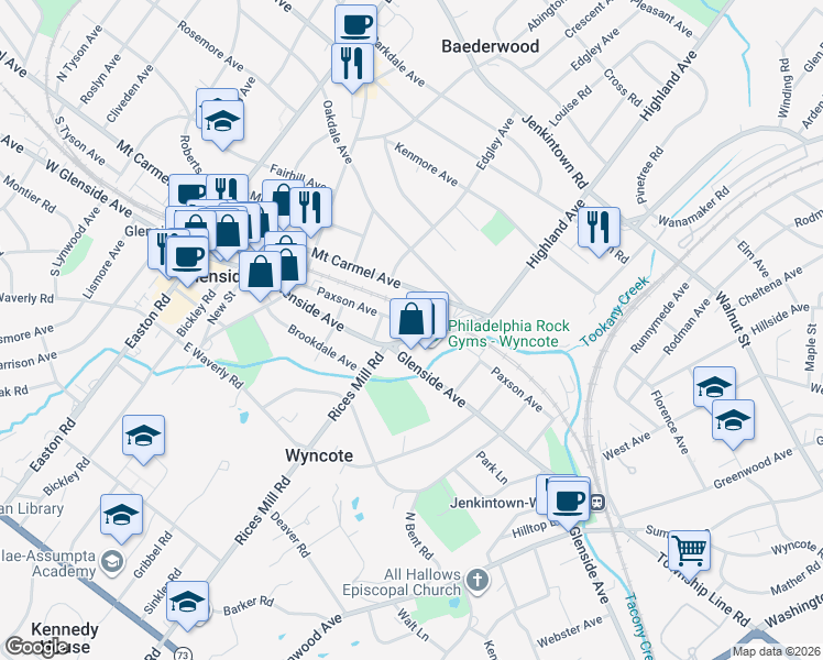 map of restaurants, bars, coffee shops, grocery stores, and more near 205 Rices Mill Road in Glenside