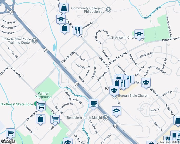 map of restaurants, bars, coffee shops, grocery stores, and more near 12162 Rambler Road in Philadelphia