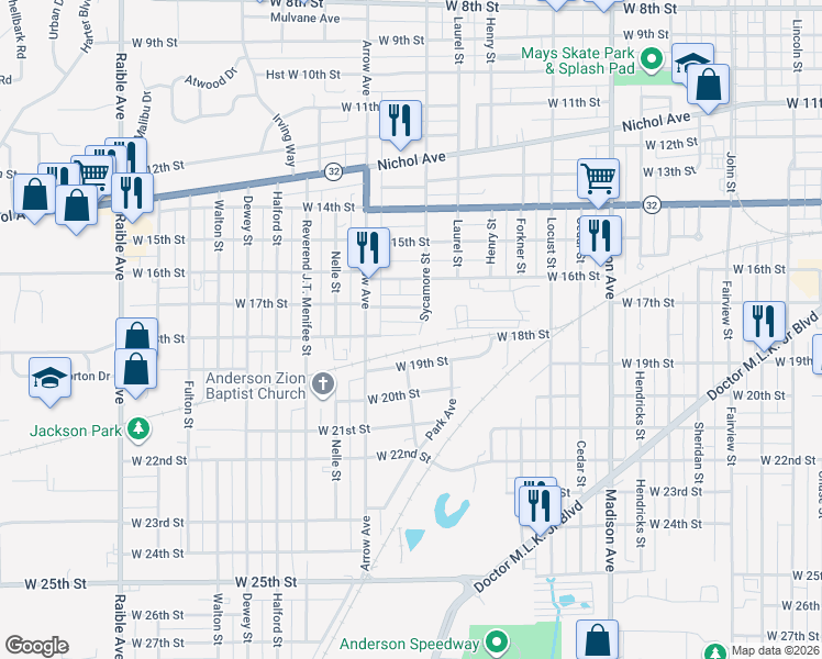 map of restaurants, bars, coffee shops, grocery stores, and more near 1608 West 18th Street in Anderson