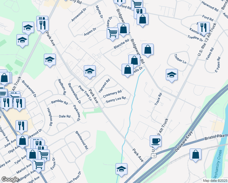 map of restaurants, bars, coffee shops, grocery stores, and more near 3618 Creamery Road in Bensalem