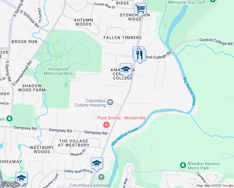 map of restaurants, bars, coffee shops, grocery stores, and more near 1150 Colony Drive in Westerville