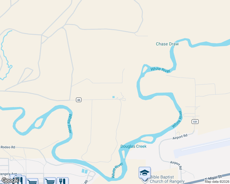 map of restaurants, bars, coffee shops, grocery stores, and more near 1815 County Road 46 in Rangely