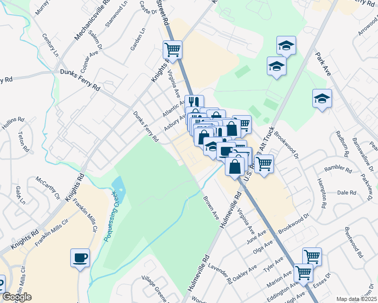 map of restaurants, bars, coffee shops, grocery stores, and more near 2049 Brown Avenue in Bensalem