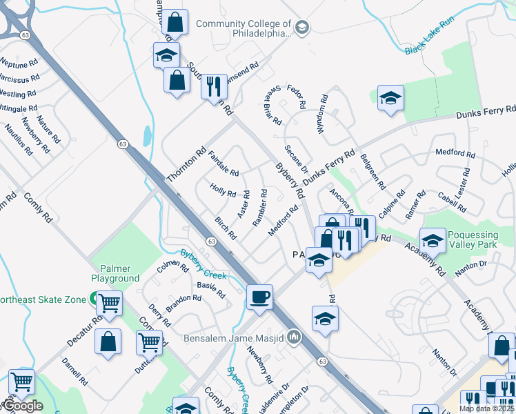 map of restaurants, bars, coffee shops, grocery stores, and more near 12204 Rambler Road in Philadelphia
