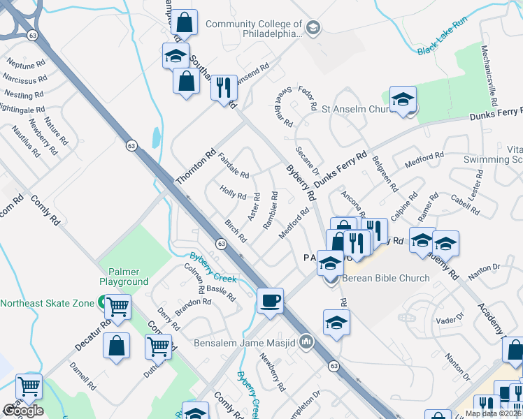 map of restaurants, bars, coffee shops, grocery stores, and more near 12162 Rambler Road in Philadelphia