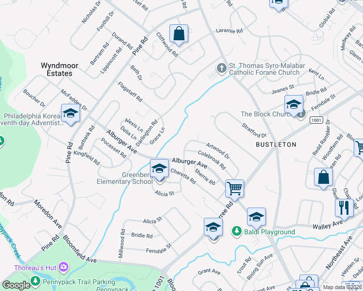 map of restaurants, bars, coffee shops, grocery stores, and more near 9110 Springview Road in Philadelphia