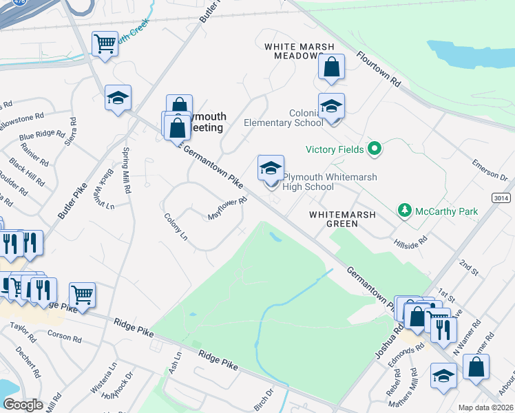 map of restaurants, bars, coffee shops, grocery stores, and more near 3189 Colony Lane in Plymouth Meeting