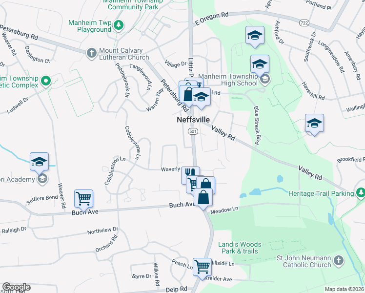 map of restaurants, bars, coffee shops, grocery stores, and more near 2613 Sutton Place in Lancaster