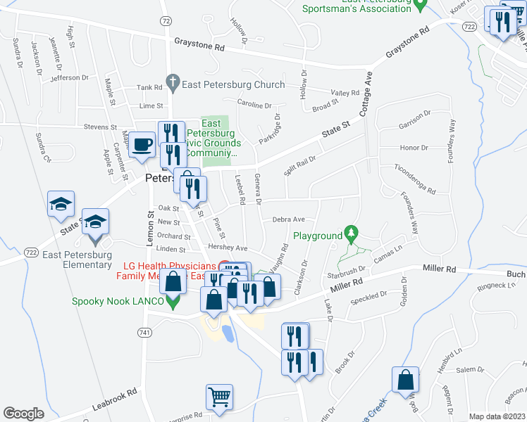 map of restaurants, bars, coffee shops, grocery stores, and more near 5865 Geneva Drive in East Petersburg