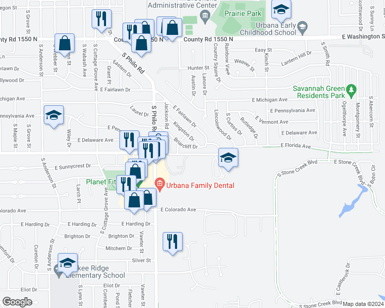 map of restaurants, bars, coffee shops, grocery stores, and more near 1611 East Florida Avenue in Urbana