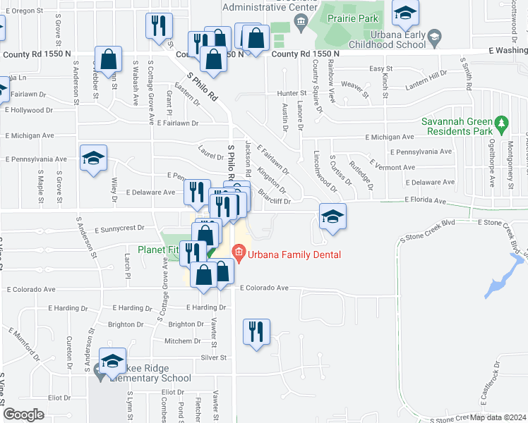 map of restaurants, bars, coffee shops, grocery stores, and more near 1505 East Florida Avenue in Urbana