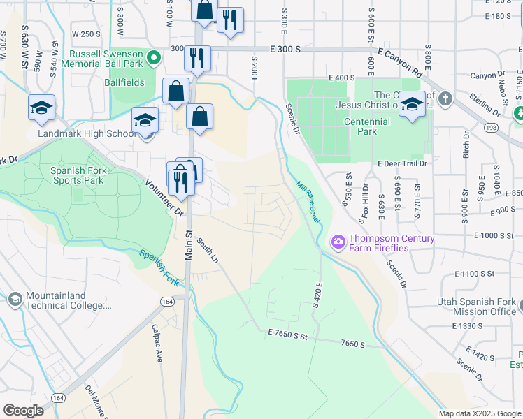 map of restaurants, bars, coffee shops, grocery stores, and more near 216 East 850 South in Spanish Fork