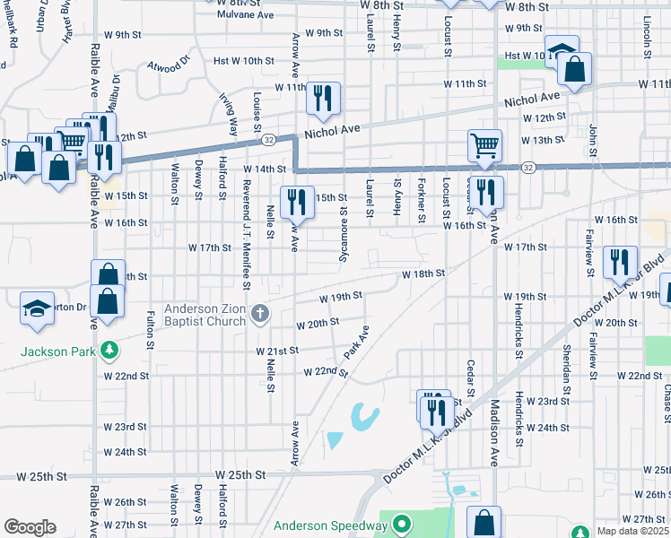 map of restaurants, bars, coffee shops, grocery stores, and more near 1608 West 18th Street in Anderson