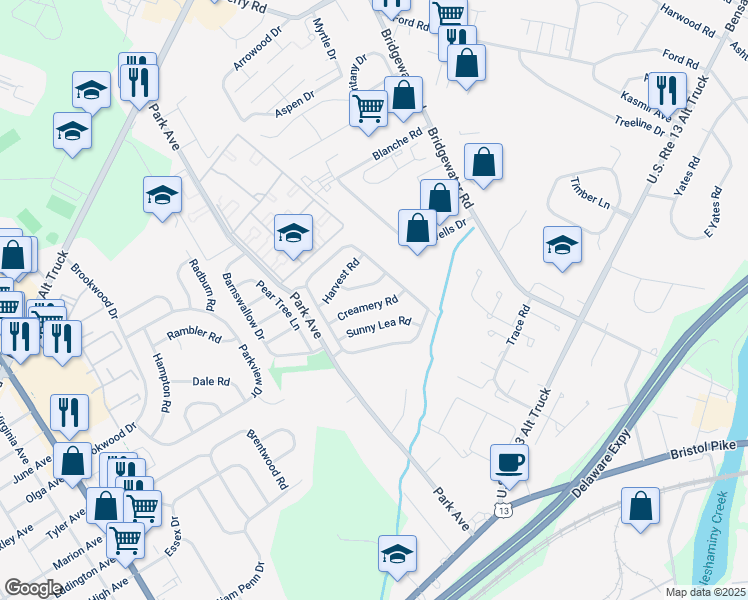 map of restaurants, bars, coffee shops, grocery stores, and more near 3618 Creamery Road in Bensalem