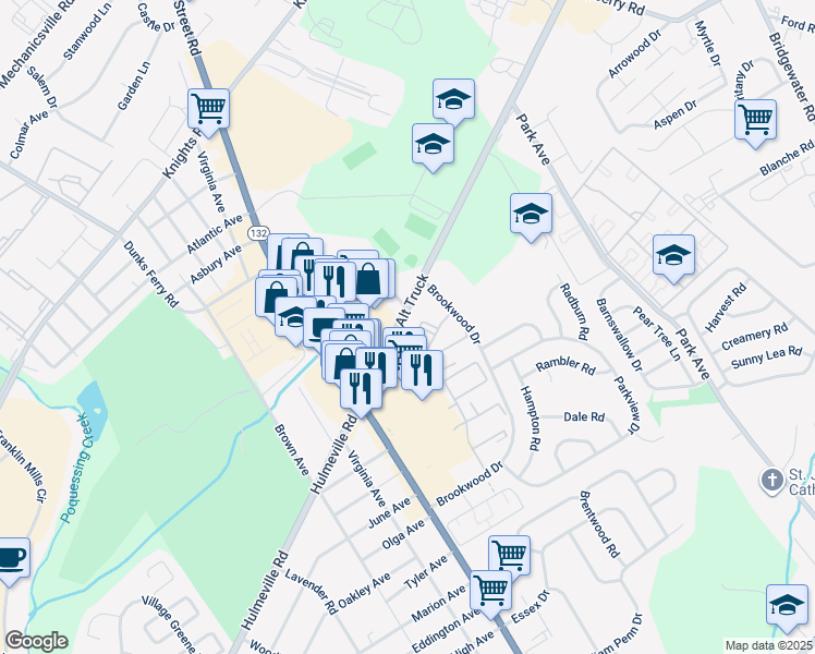 map of restaurants, bars, coffee shops, grocery stores, and more near 3139 Hulmeville Road in Bensalem