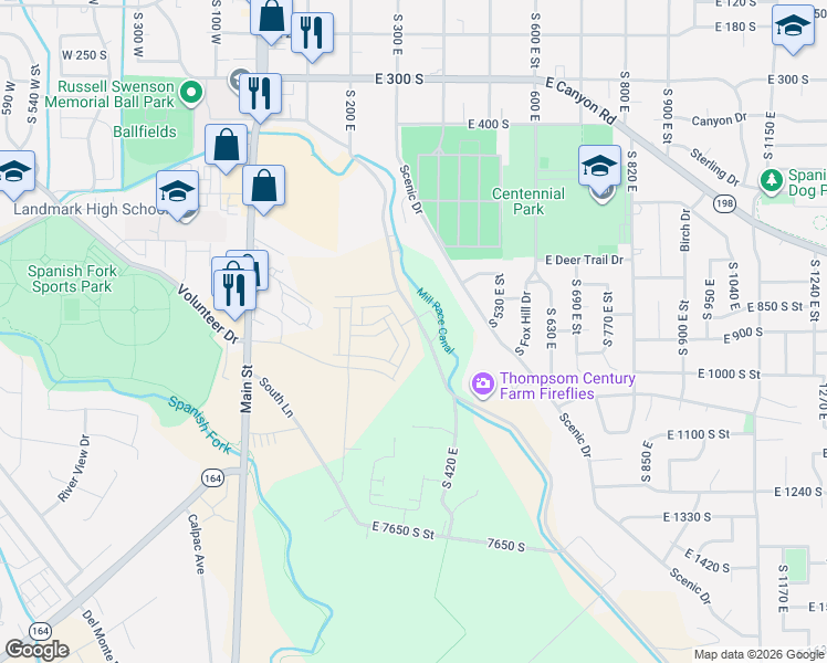 map of restaurants, bars, coffee shops, grocery stores, and more near 827 South River Bottom Road in Spanish Fork