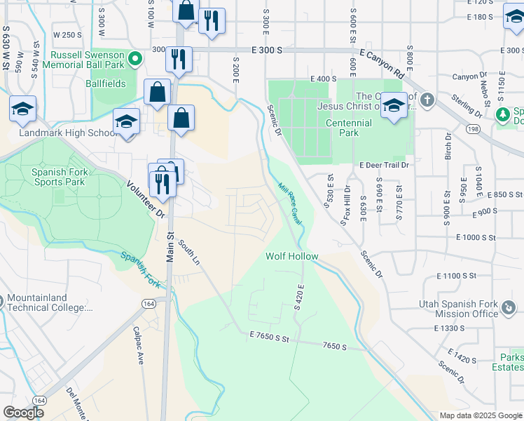 map of restaurants, bars, coffee shops, grocery stores, and more near 874 280 East in Spanish Fork