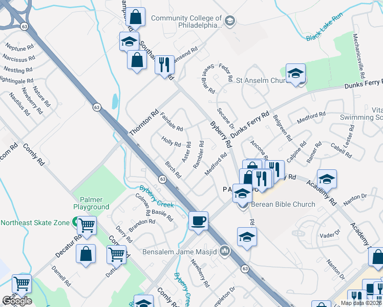 map of restaurants, bars, coffee shops, grocery stores, and more near 12162 Rambler Road in Philadelphia