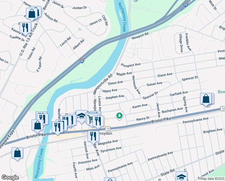 map of restaurants, bars, coffee shops, grocery stores, and more near 916 Hilary Avenue in Croydon