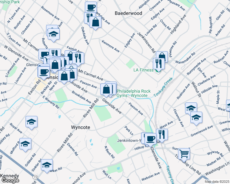 map of restaurants, bars, coffee shops, grocery stores, and more near 50 Rices Mill Road in Glenside