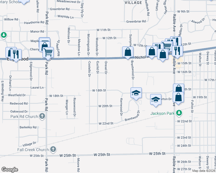 map of restaurants, bars, coffee shops, grocery stores, and more near 2842 West 18th Street in Anderson