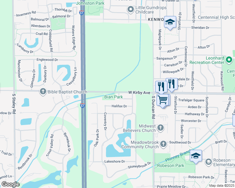 map of restaurants, bars, coffee shops, grocery stores, and more near 3303 West Kirby Avenue in Champaign