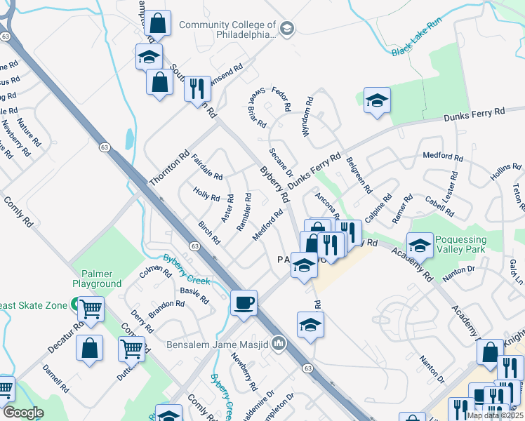 map of restaurants, bars, coffee shops, grocery stores, and more near 3234 Morning Glory Road in Philadelphia
