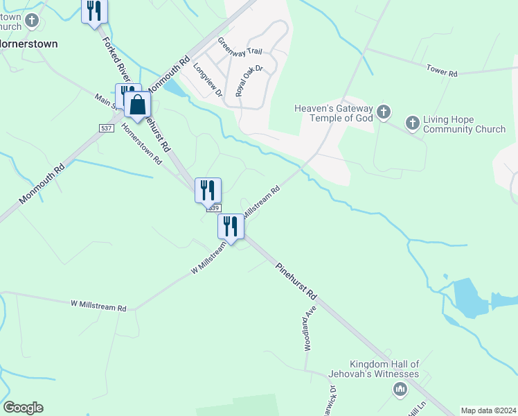 map of restaurants, bars, coffee shops, grocery stores, and more near 310 East Millstream Road in Plumsted