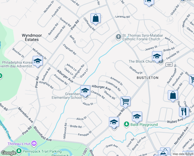 map of restaurants, bars, coffee shops, grocery stores, and more near 9110 Springview Road in Philadelphia
