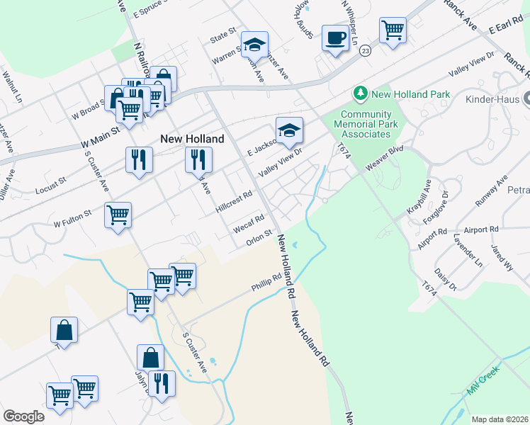 map of restaurants, bars, coffee shops, grocery stores, and more near 221 Wecaf Road in New Holland