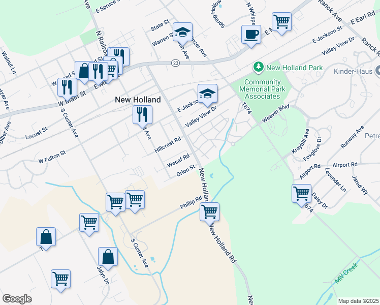 map of restaurants, bars, coffee shops, grocery stores, and more near 426 Brimmer Avenue in New Holland