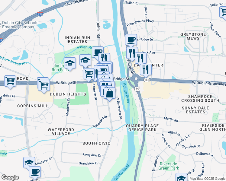map of restaurants, bars, coffee shops, grocery stores, and more near 63 South Riverview Street in Dublin