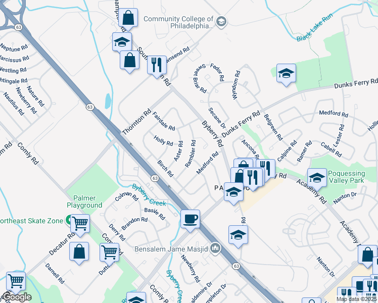 map of restaurants, bars, coffee shops, grocery stores, and more near 12208 Rambler Rd in Philadelphia