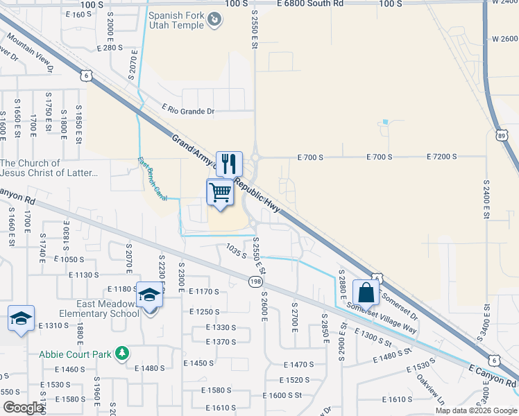 map of restaurants, bars, coffee shops, grocery stores, and more near 868 South 2560 East in Spanish Fork