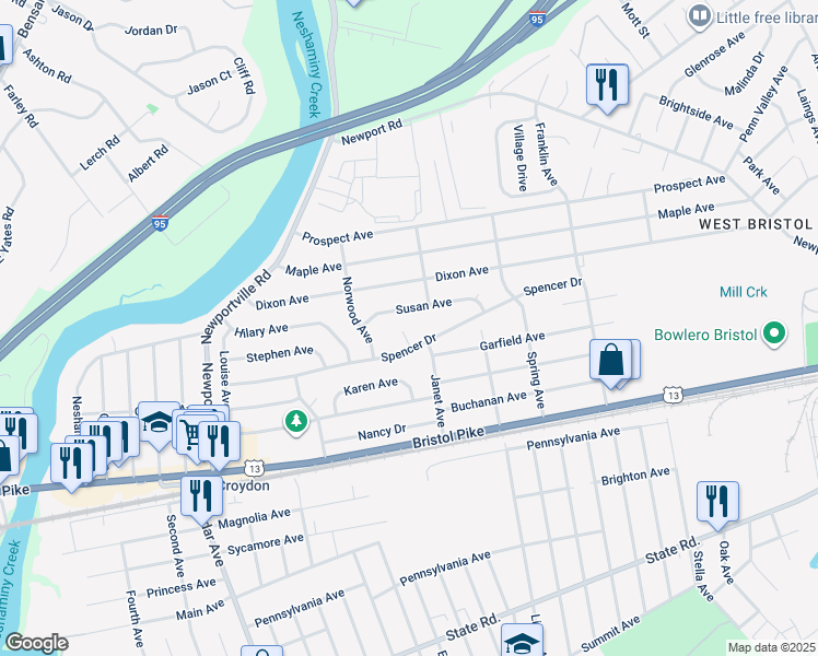 map of restaurants, bars, coffee shops, grocery stores, and more near 1407 Spencer Circle in Croydon