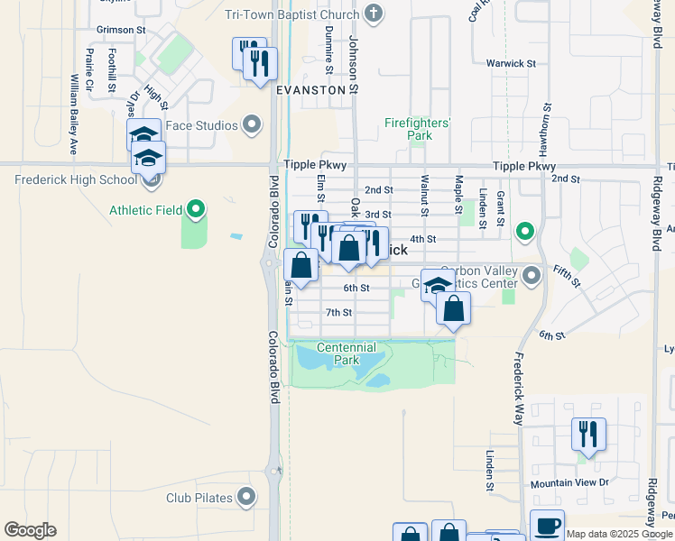 map of restaurants, bars, coffee shops, grocery stores, and more near 253 6th Street in Frederick