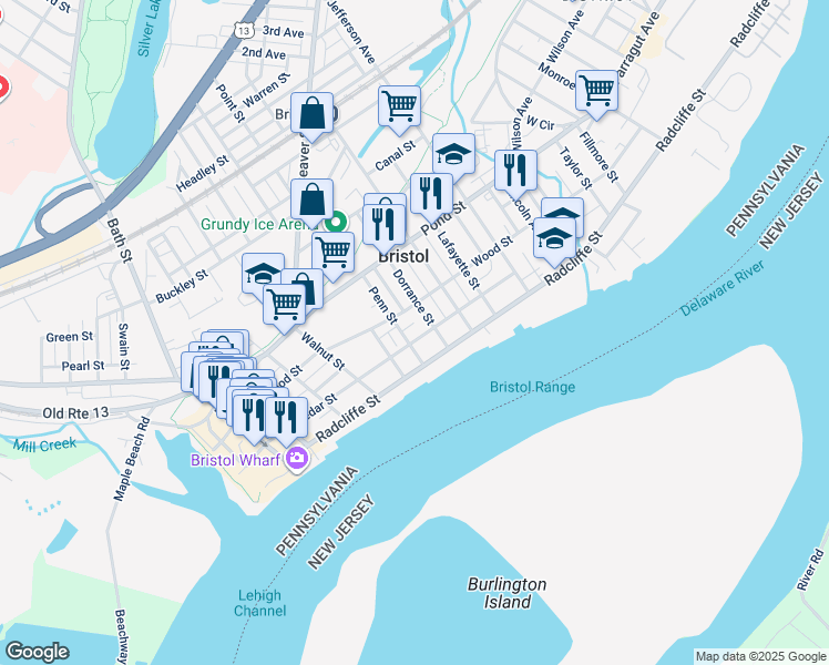 map of restaurants, bars, coffee shops, grocery stores, and more near 124 Penn Street in Bristol