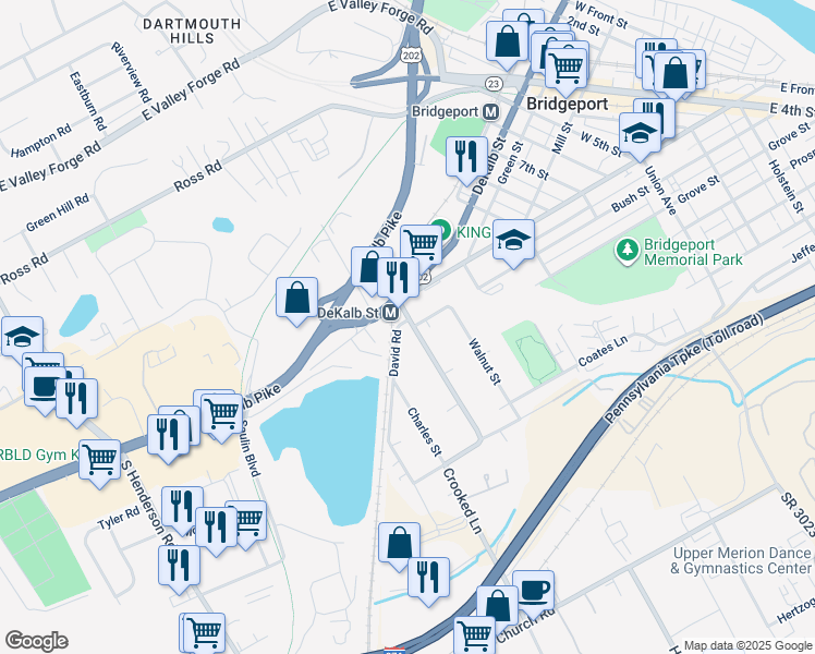 map of restaurants, bars, coffee shops, grocery stores, and more near 122 Crooked Lane in King of Prussia
