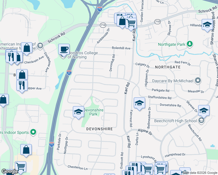 map of restaurants, bars, coffee shops, grocery stores, and more near 1422 Cardwell Square South in Columbus